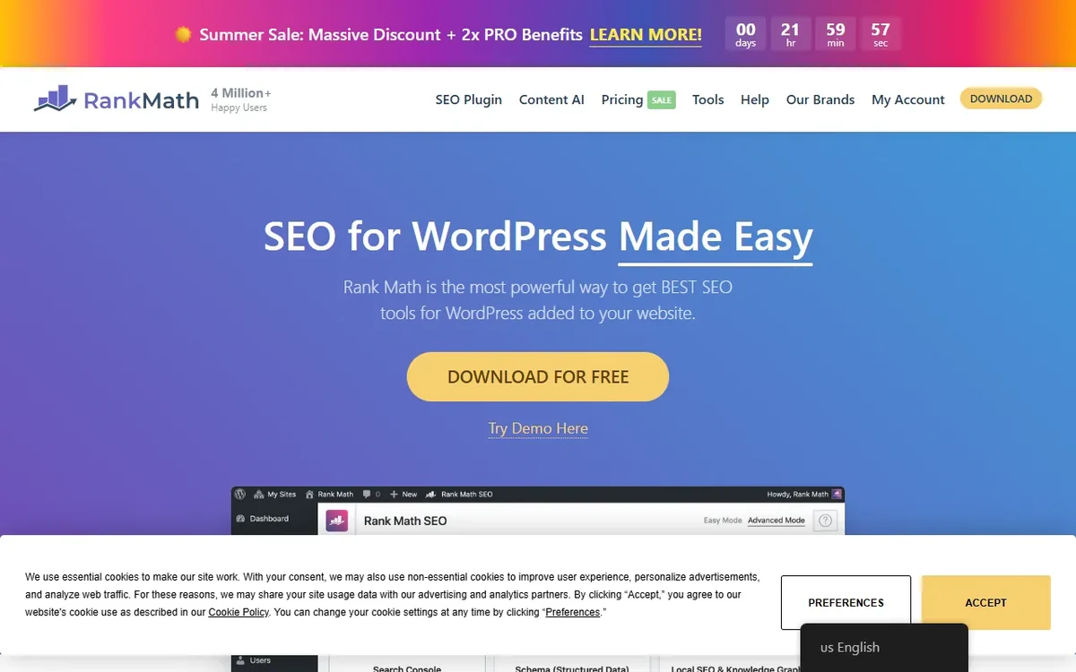 Rank Math 설정 — Rank Math 홈페이지에서 Try Demo Here 버튼을 눌러 실제 설정 화면 데모로 이동해요 · SEO for WordPress Made Easy